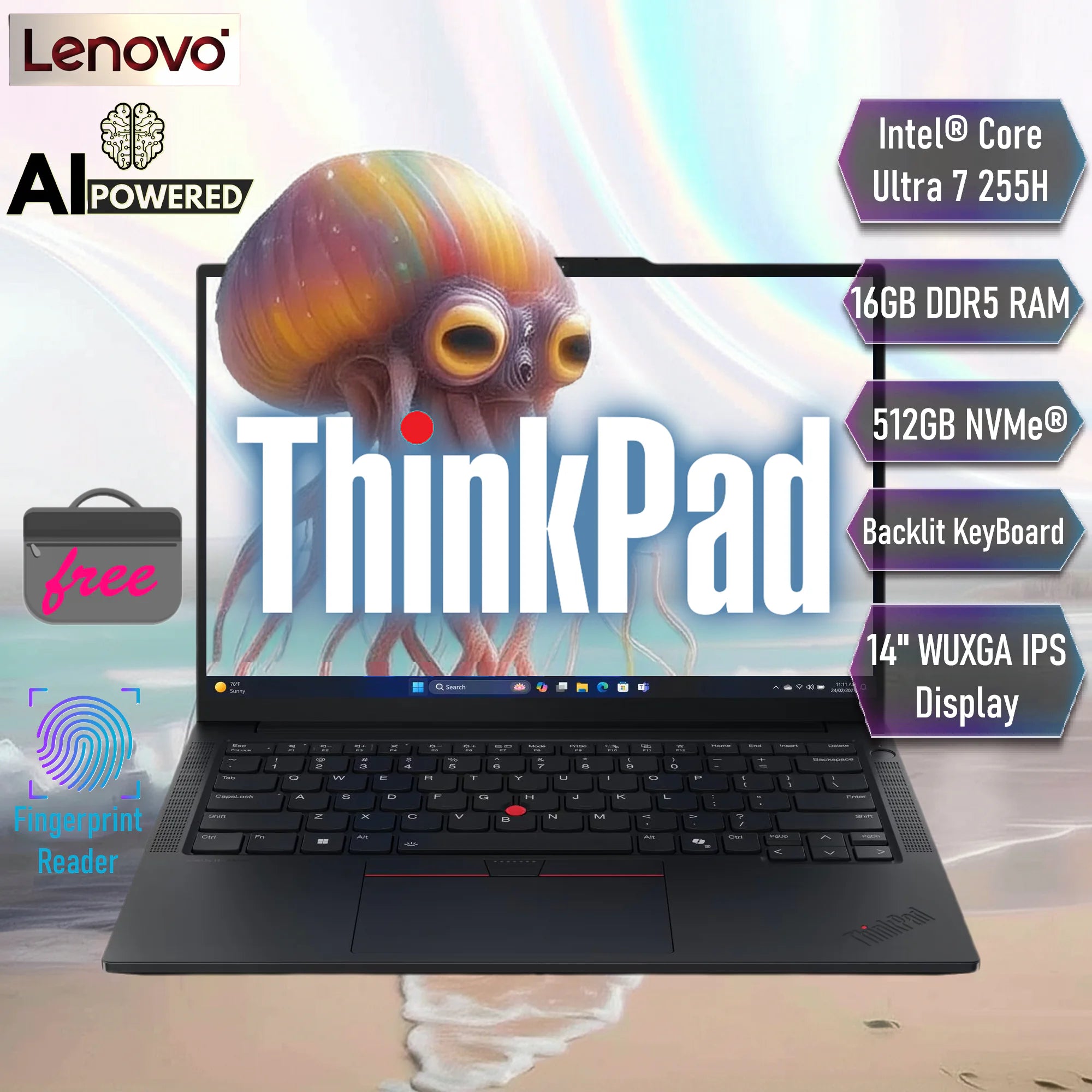 LENOVO ThinkPad E14 Gen 7 AI PC Intel® Core™ Ultra 7 255H | 16GB DDR5 RAM ; 512GB NVMe SSD | 14 inch WUXGA IPS Display | DOS | Backlit KeyBoard |Lenovo® Laptop Bag Incl. | Carbon BLACK