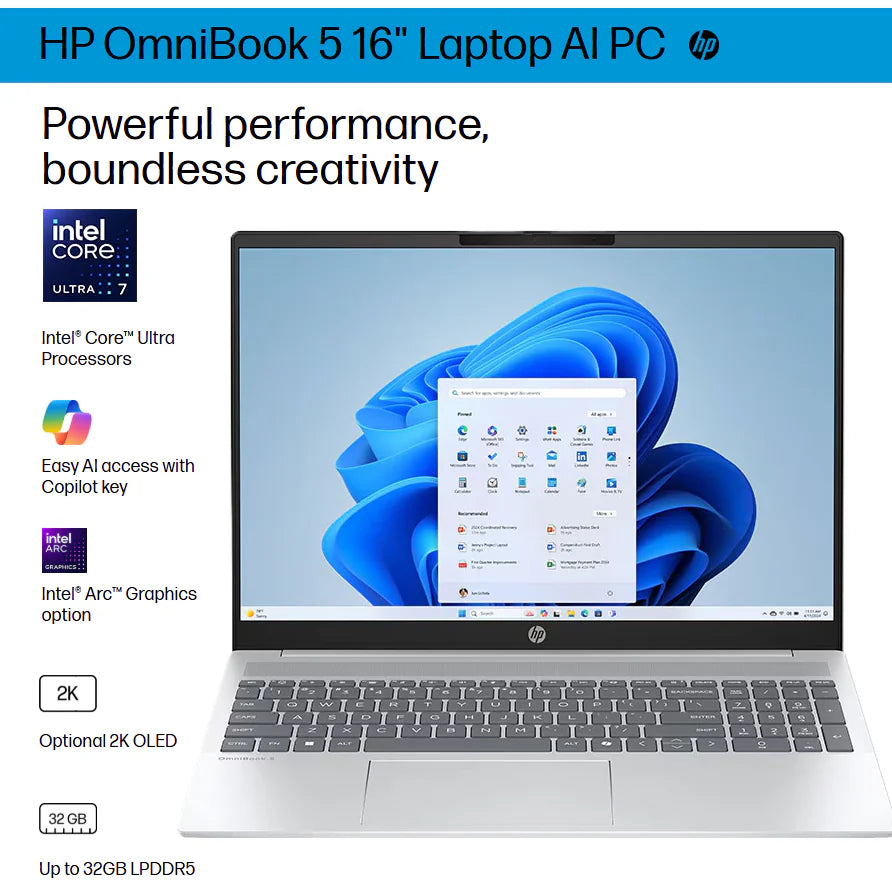 HP OmniBook 5  Intel® Core™ Ultra 9 285H | 32GB DDR5 RAM ; 1 TB NVMe™ SSD | Intel® Arc™ 140T GPU | 16 inch 2K IPS Touch Screen Display | Backlit Keyboard | Windows 11 |  Glacier silver