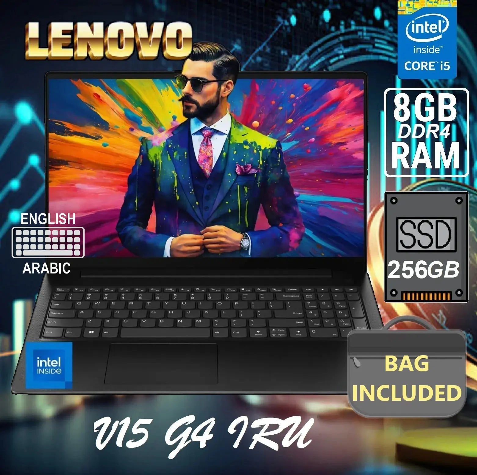 Lenovo V15 G4 IRU Intel® Core™ i5-13420H | 8GB DDR4 RAM ; 256GB SSD | 15.6″ FHD TN Display | English Arabic keyboard  | DOS | Intel® UHD Graphics | Lenovo® 15.6″ Laptop Casual Toploader | Business Black