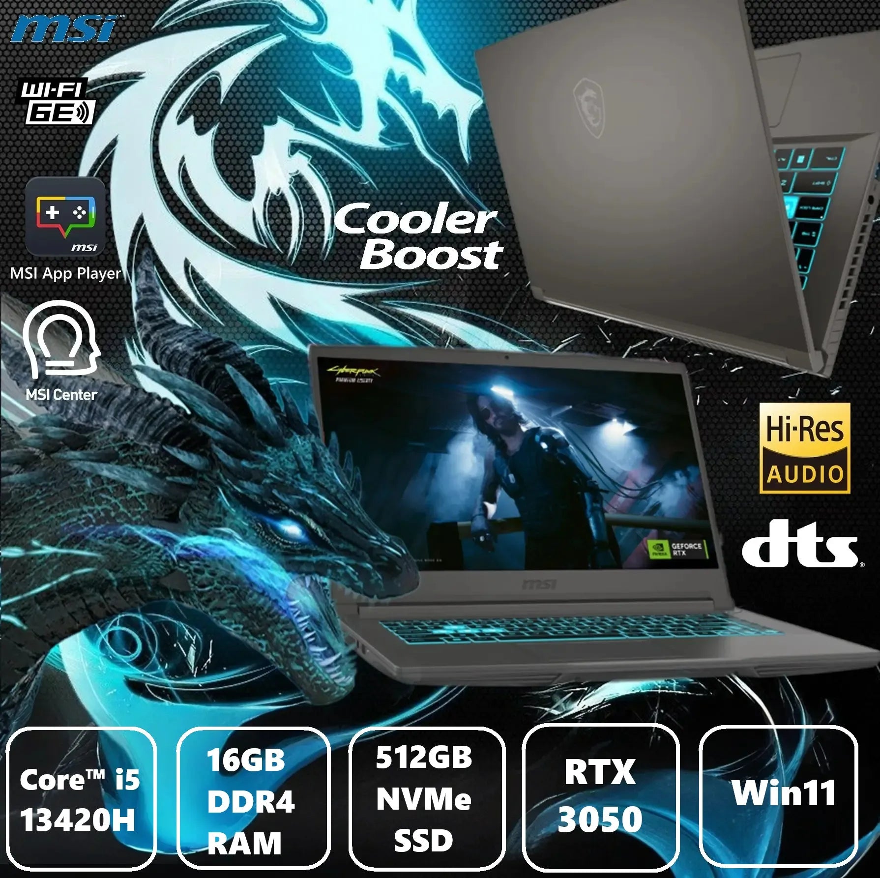 MSI Thin 15 B13UC Intel® Core™ i5-13420H | 16GB DDR4 RAM ; 512GB NVMe SSD | RTX 3050 4GB | 15.6″ FHD IPS 144Hz Display | Windows 11  | Blue Backlit Keyboard with Anti-Ghost key | Cosmos Gray