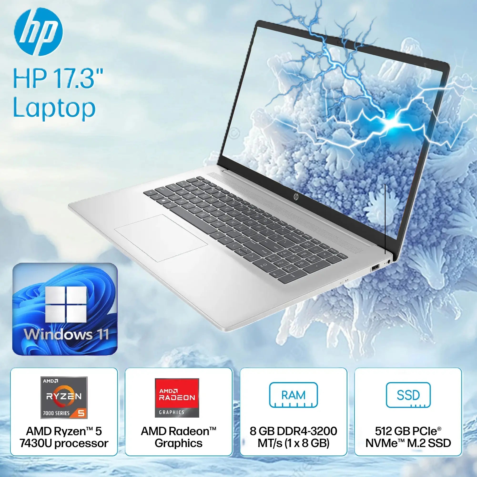 HP 17-cp3005dx Series : AMD Ryzen™ 5 7430U | 8GB DDR4 RAM ; 512GB NVMe™ SSD | AMD Radeon™ Graphics | 17.3 inch FHD IPS Display | Windows 11 | Natural Silver