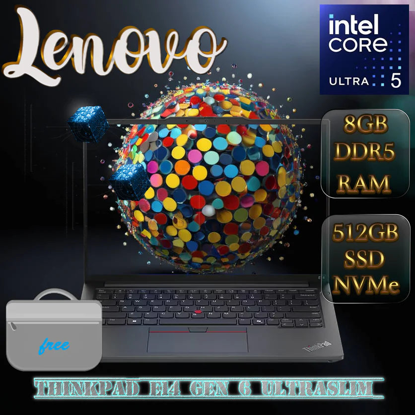 LENOVO ThinkPad E14 Gen 6 Ultraslim PC Intel® Core™ Ultra 5 125U | 8GB DDR5 RAM ; 512GB SSD NVMe® | 14″ WUXGA IPS Display | Intel® Graphics | DOS | Lenovo Laptop Bag Inc. | BLACK