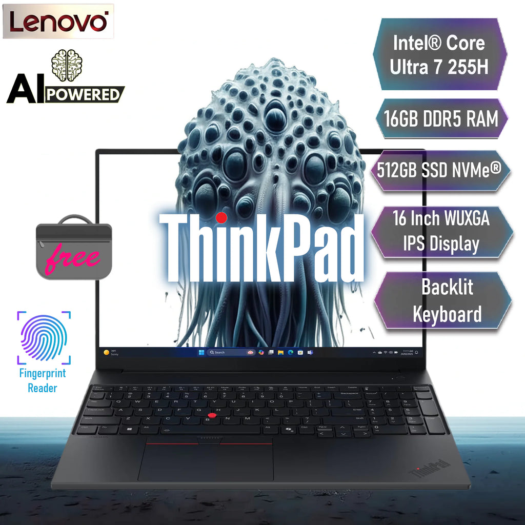 LENOVO AI PC ThinkPad E16 Gen 3 Intel® Core Ultra 7 255H with AI Boost, up to 13 TOPS | 16GB DDR5 RAM , 512GB SSD NVMe® | 16 Inch WUXGA IPS Display | Backlit Keyboard | DOS | Lenovo® Top loader Bag Incl. | Carbon Black