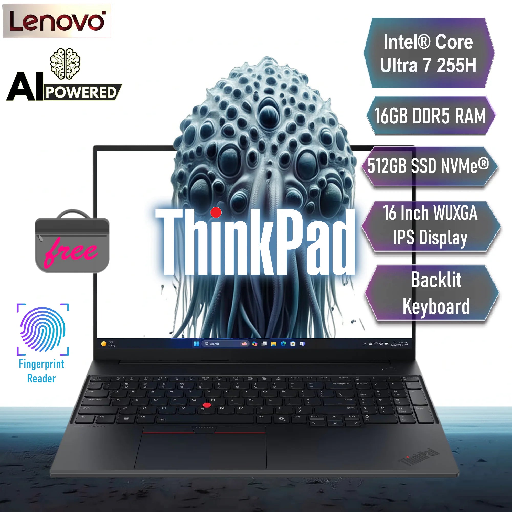 LENOVO AI PC ThinkPad E16 Gen 3 Intel® Core Ultra 7 255H with AI Boost, up to 13 TOPS | 16GB DDR5 RAM , 512GB SSD NVMe® | 16 Inch WUXGA IPS Display | Backlit Keyboard | DOS | Lenovo® Top loader Bag Incl. | Carbon Black