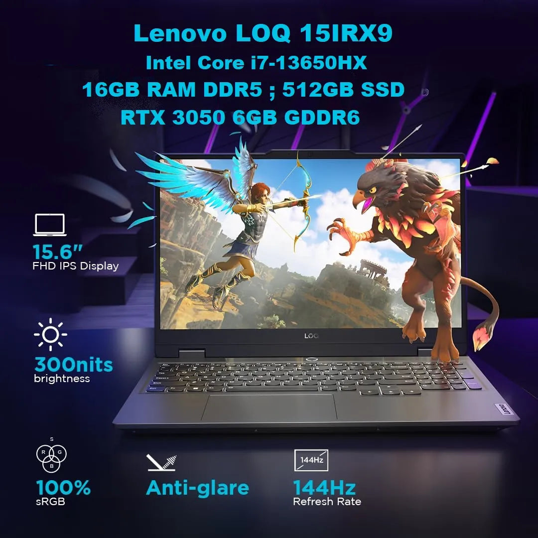 Lenovo LOQ 15IRX9 Intel Core i7-13650HX | 16GB RAM DDR5 ; 512GB SSD | RTX 3050 6GB GDDR6 | 15.6″ FHD IPS 144Hz | White Backlit Keyboard , Arabic & English | DOS| Luna Grey | Bundled with LOQ M100 RGB Mouse