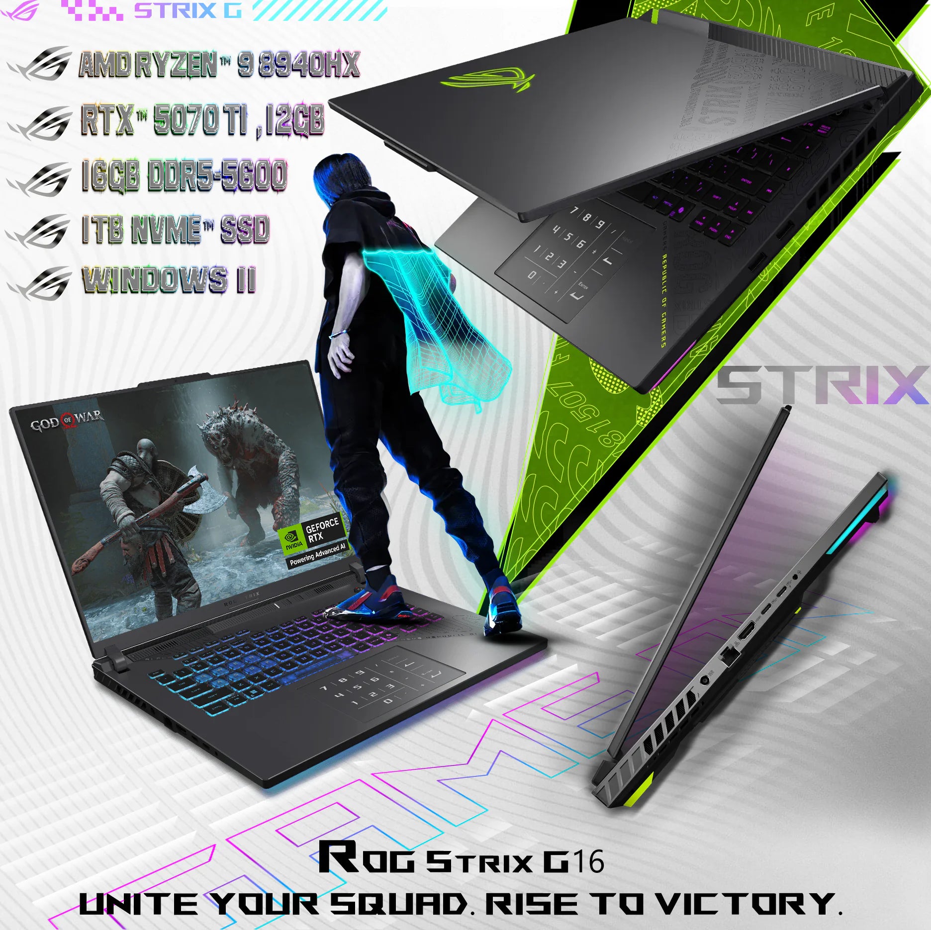 ASUS ROG Strix G16 AMD Ryzen™ 9 8940HX | 16GB DDR5 RAM ; 1TB NVMe SSD | RTX™ 5070 Ti 12GB GDDR7 | 16 inch  WUXGA 165Hz IPS Display | Backlit 4-Zone RGB Keyboard  | Windows 11