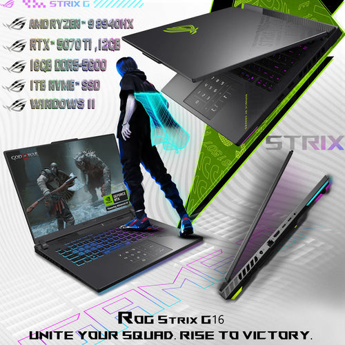 ASUS ROG Strix G16 AMD Ryzen™ 9 8940HX | 16GB DDR5 RAM ; 1TB NVMe SSD | RTX™ 5070 Ti 12GB GDDR7 | 16 inch  WUXGA 165Hz IPS Display | Backlit 4-Zone RGB Keyboard  | Windows 11