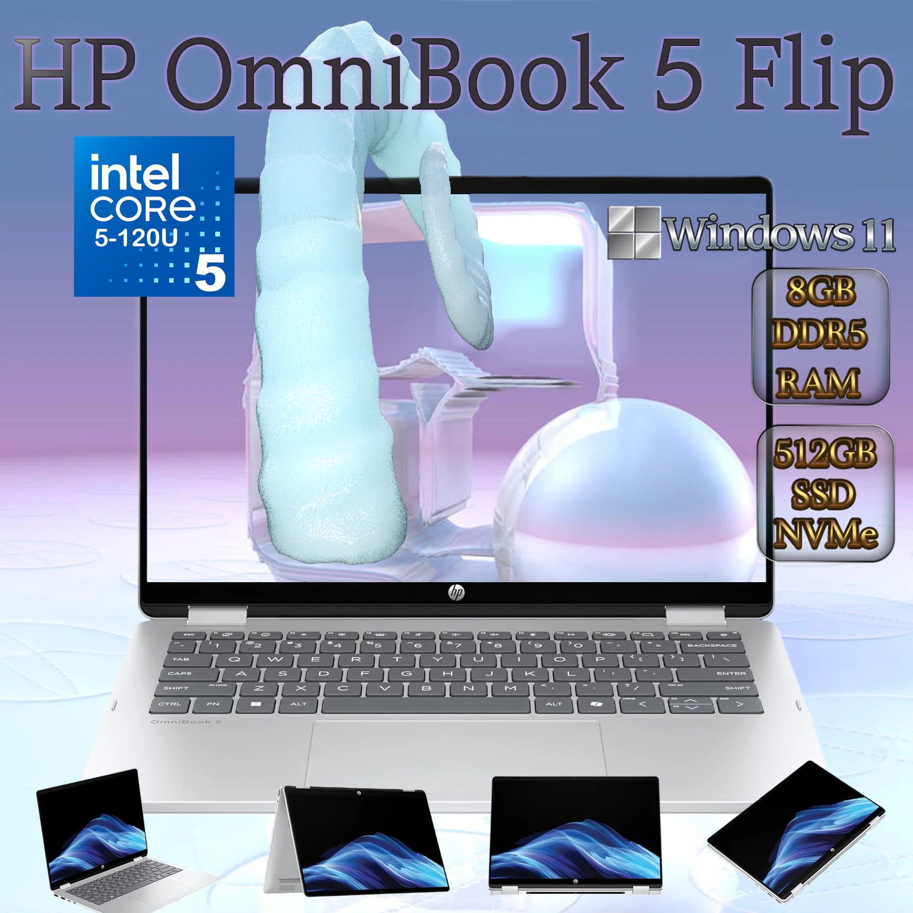 HP OmniBook 5 Flip  Intel® Core™ 5 120U | 8GB DDR5 , 512GB NVMe SSD | 14-inch 2K IPS TouchScreen | Intel® Graphics | Backlit Keyboard | Windows 11 | Silver  14-fp0013dx
