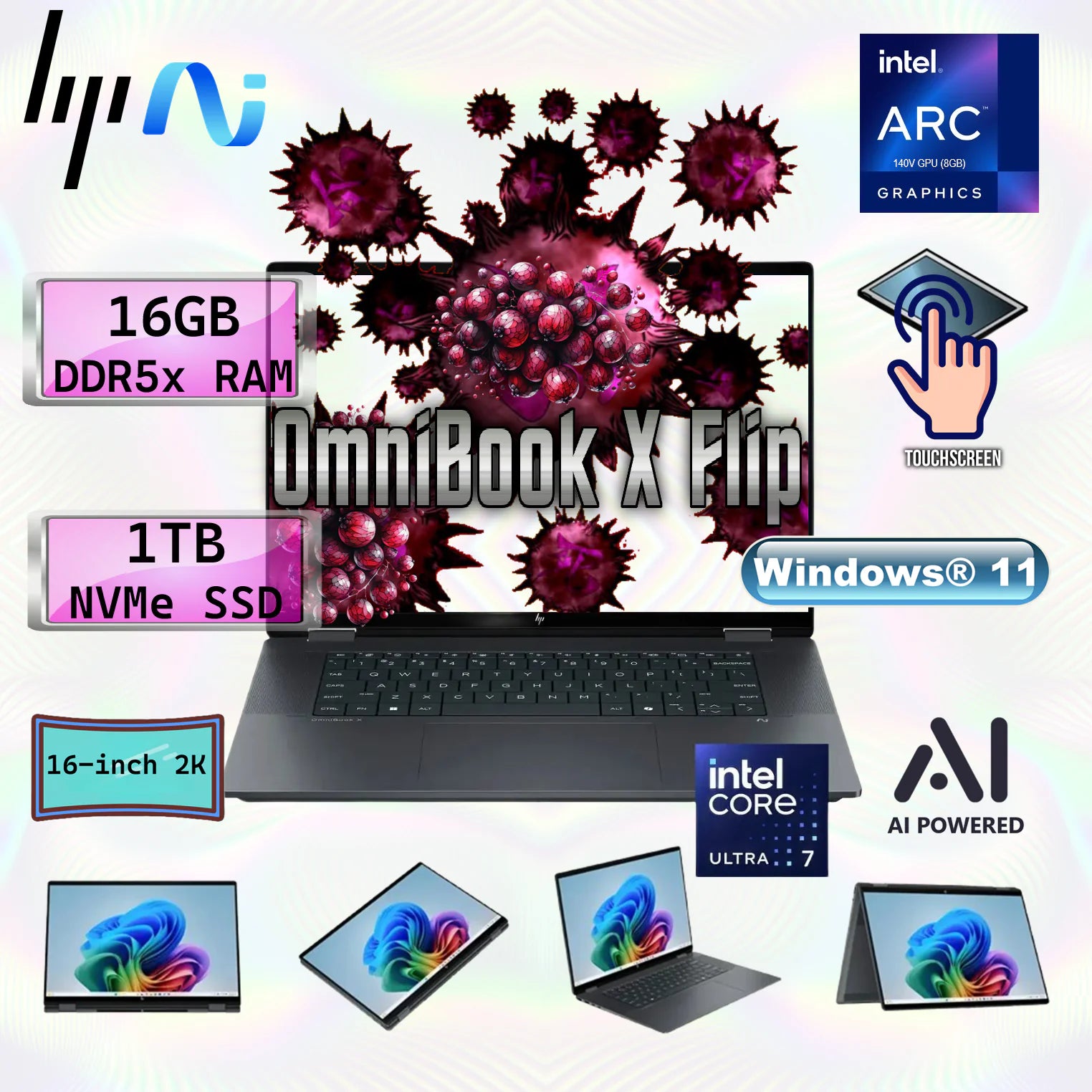 HP OmniBook X Flip AI PC Intel® Core™ Ultra 7 256 Intel® AI Boost (47 NPU TOPS) | 16GB DDR5x RAM ; 1TB NVMe SSD | Intel® Arc™ | 16 inch 2K IPS TouchScreen Display | Backlit Keyboard | Windows 11 |  16-as0023dx Eclipse Gray