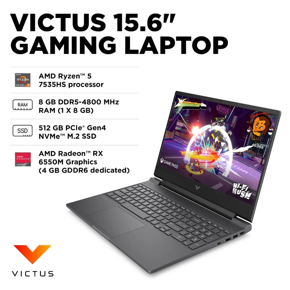 HP Victus 15-fb2063dx AMD Ryzen™ 5 7535HS | 8GB DDR5 RAM ; 512GB SSD | AMD Radeon™ RX 6550M , 4GB | 15.6 inch FHD IPS Display 144Hz | Backlit Keyboard | Windows 11 Home | MICA SILVER