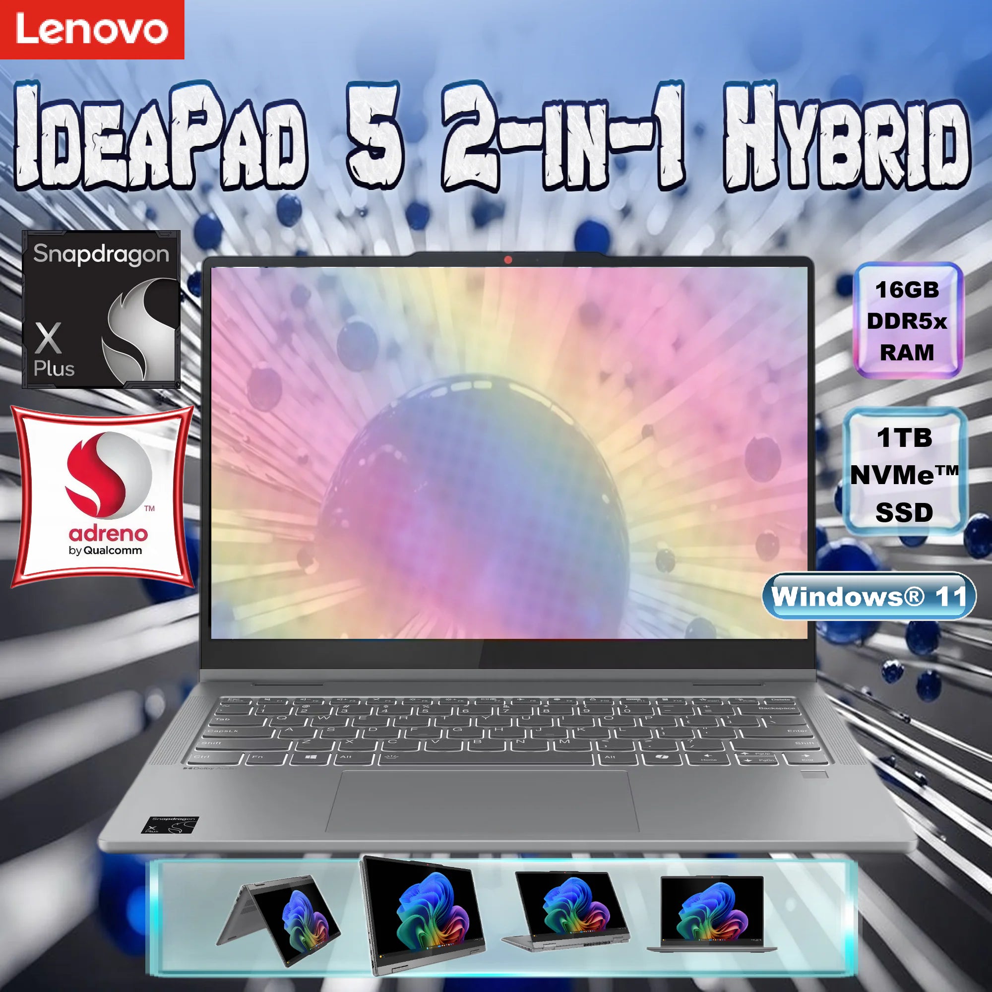 LENOVO IdeaPad 5 2-in-1 14Q8X9 Snapdragon® X Plus | 16GB DDR5x RAM ; 1TB SSD NVMe® | 14″ WUXGA OLED Touchscreen | Qualcomm® Adreno™ GPU | Backlit Keyboard | Windows® 11 | Luna Grey