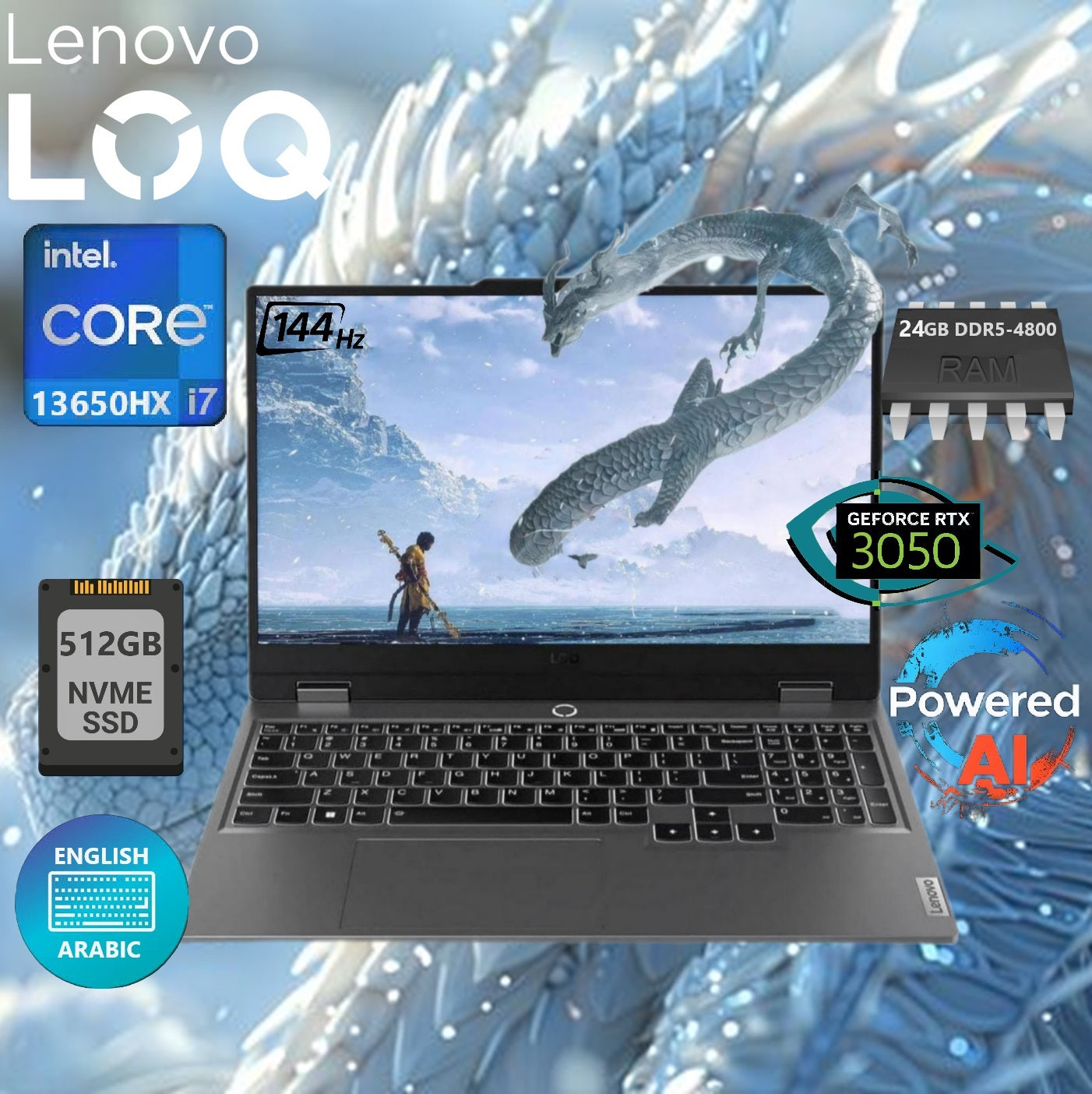 LENOVO AI-Powered LOQ 15IRX9 Intel® Core™ i7-13650HX | 24GB DDR5 RAM ; 512 SSD NVMe® | RTX™ 3050 6GB | 15.6″ FHD IPS Display 144Hz | White Backlit Arabic English Keyboard | DOS | Luna Grey