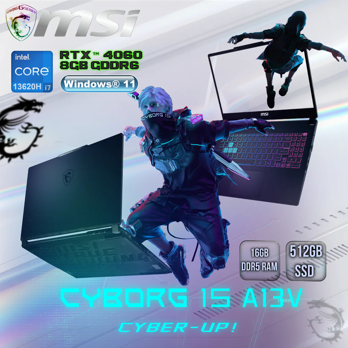 MSI Cyborg 15 A13VF | Core i7 -13620H | 16GB DDR5 RAM , 512GB SSD | RTX™ 4060 ; 8GB GDDR6 | 15.6″ FHD IPS 144Hz | Windows 11 | 4-Zone RGB Backlit Keyboard  Eng/Ara| Translucent Black