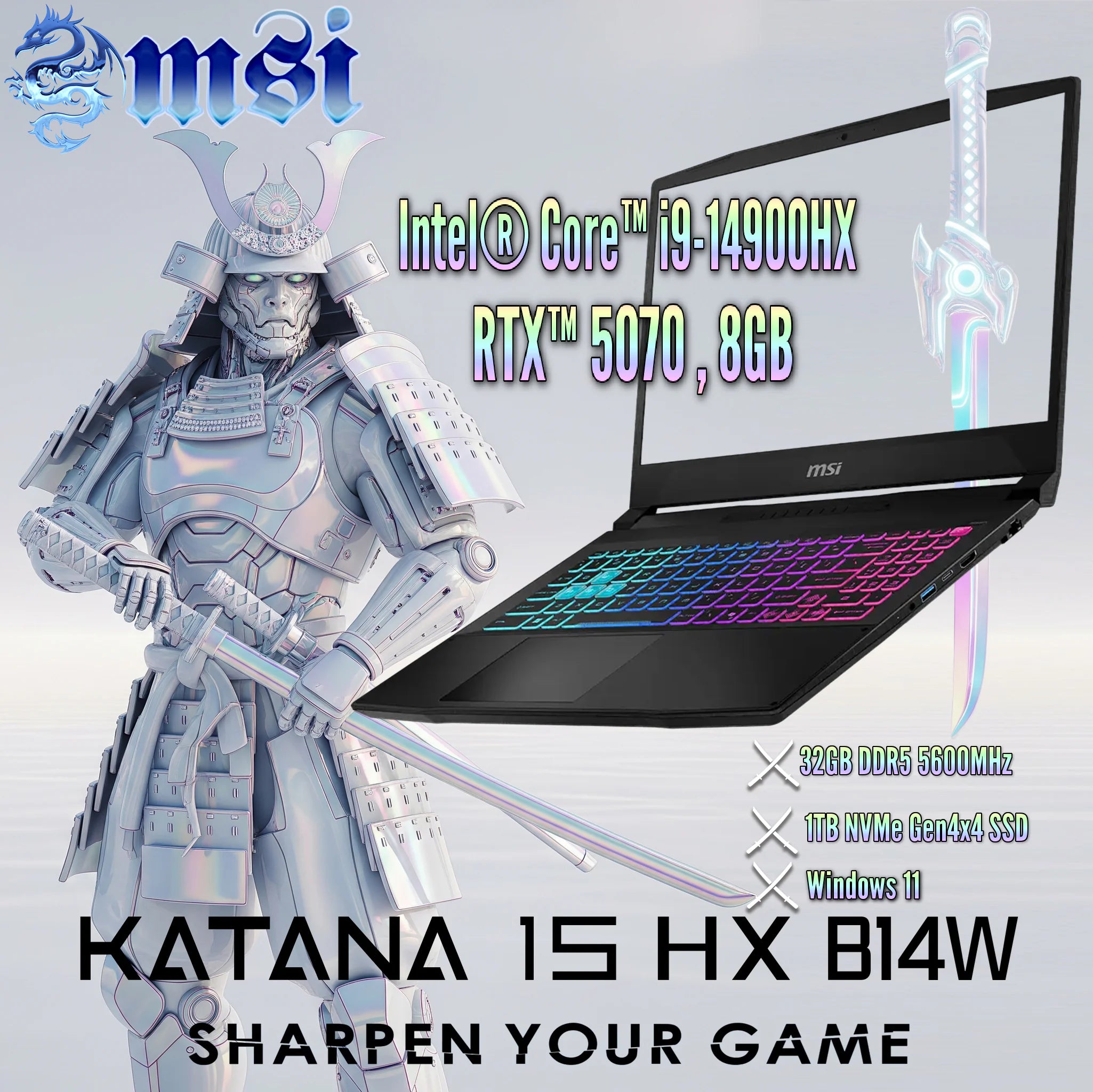 MSI Katana 15 HX B14WGK Intel® Core i9-14900HX | 32GB DDR5 RAM ; 1TB NVMe SSD | RTX 5070 , 8GB | 15.6” QHD 165Hz IPS Display | 4-Zone RGB Backlit Keyboard | Windows 11 | BLACK
