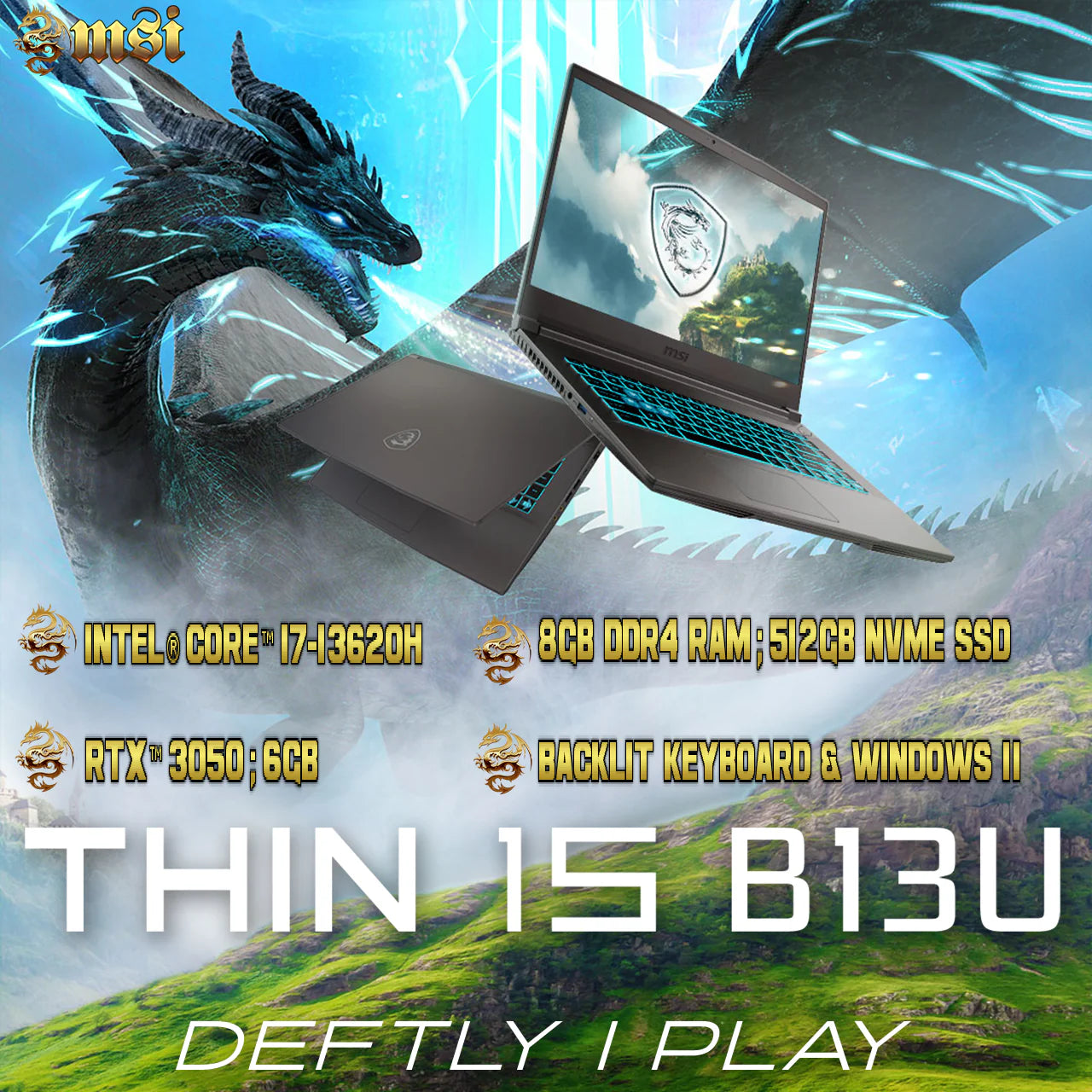MSI THIN 15 B13UDX  Intel® Core™ i7-13620H | 8GB DDR4 RAM ; 512GB NVMe SSD | RTX™ 3050 ; 6GB | 15.6″ FHD IPS 144Hz Display | Windows 11 | Blue Backlit Keyboard with Anti-Ghost key | Cosmos Gray