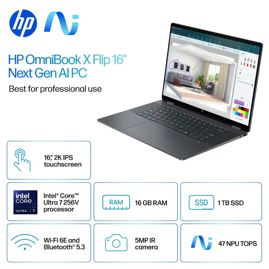 HP OmniBook X Flip AI PC Intel® Core™ Ultra 7 256 Intel® AI Boost (47 NPU TOPS) | 16GB DDR5x RAM ; 1TB NVMe SSD | Intel® Arc™ | 16 inch 2K IPS TouchScreen Display | Backlit Keyboard | Windows 11 |  16-as0023dx Eclipse Gray