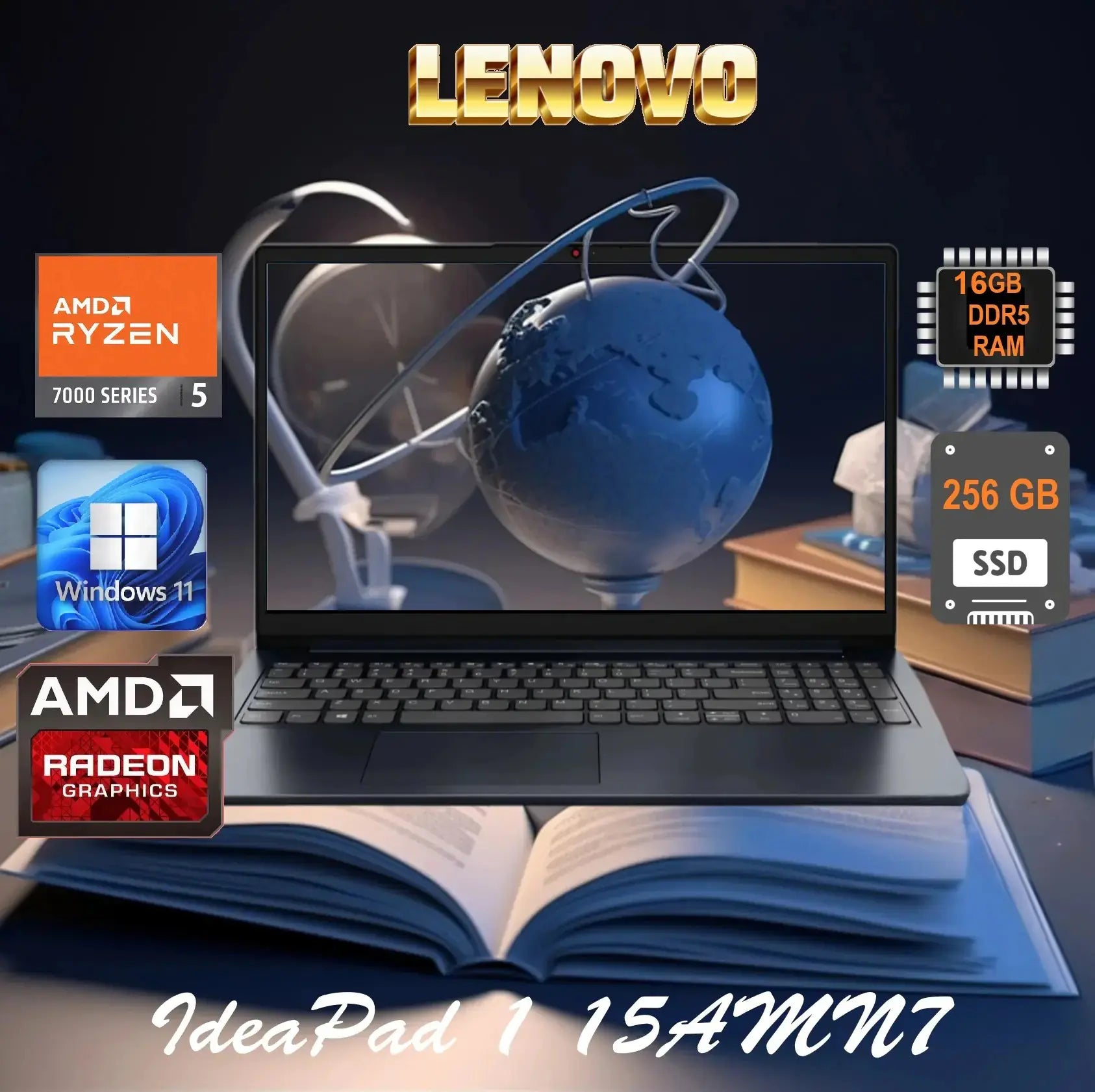 LENOVO IdeaPad 1 15AMN7 AMD Ryzen™ 5 7520U | 16GB DDR5 RAM ; 256 SSD NVMe®  |AMD Radeon™ 610M Graphics| 15.6 inch FHD TN Display | Windows® 11 Home in S mode | Abyss Blue